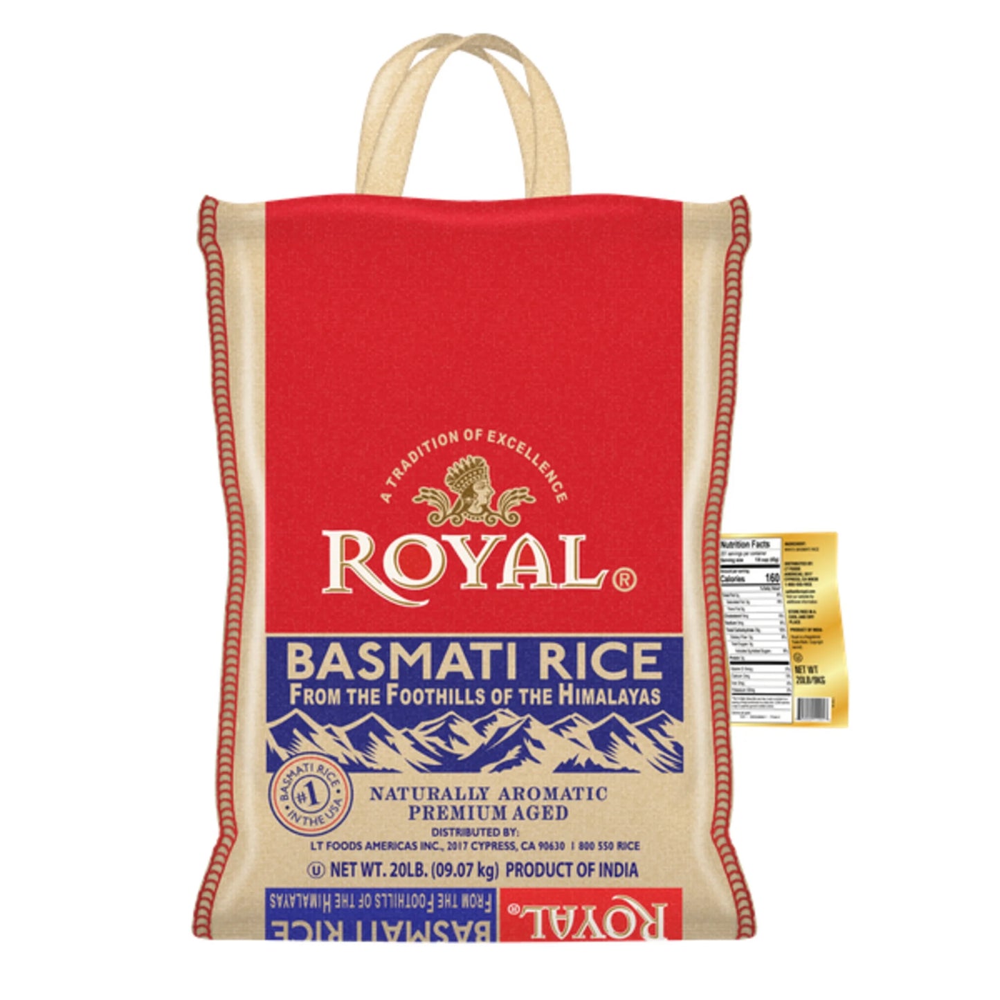 Authentic  Naturally Aged Indian White Basmati Rice, Long-Grain, Gluten-Free - 20 Lb. Bag