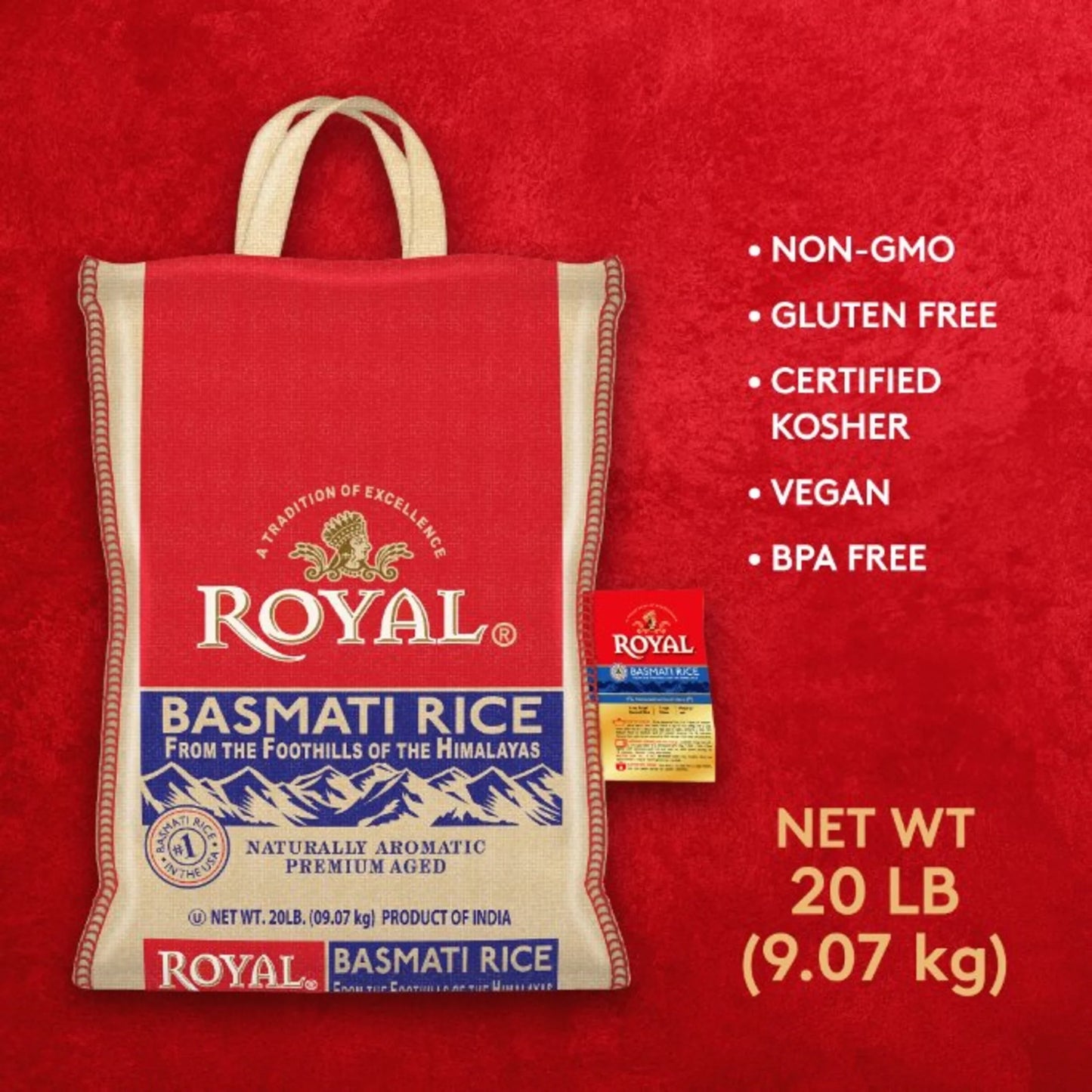 Authentic  Naturally Aged Indian White Basmati Rice, Long-Grain, Gluten-Free - 20 Lb. Bag